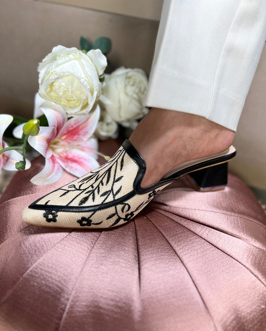 Ivory Noir Embroidered Block-Heel Mules