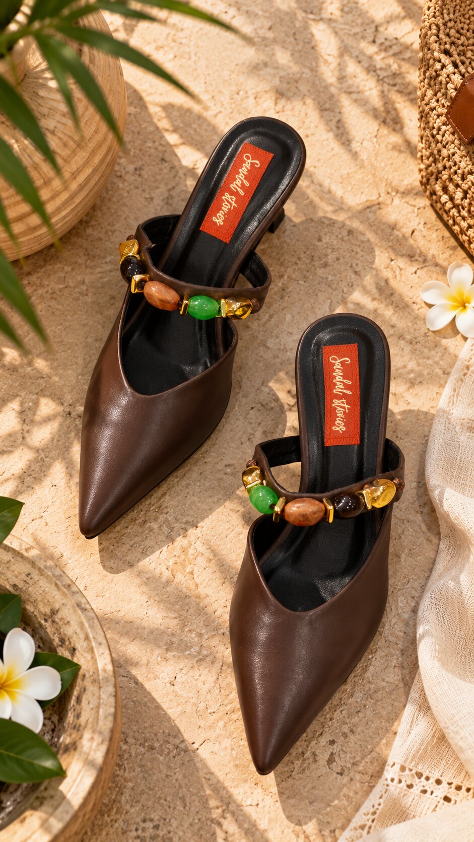Chocolate Gemstone Strap Pointed Mules | 2 Inch Heels