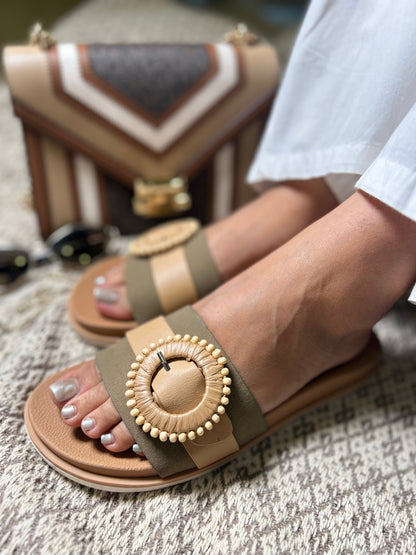 Beige Buckle Accent Slides Sandal Stories