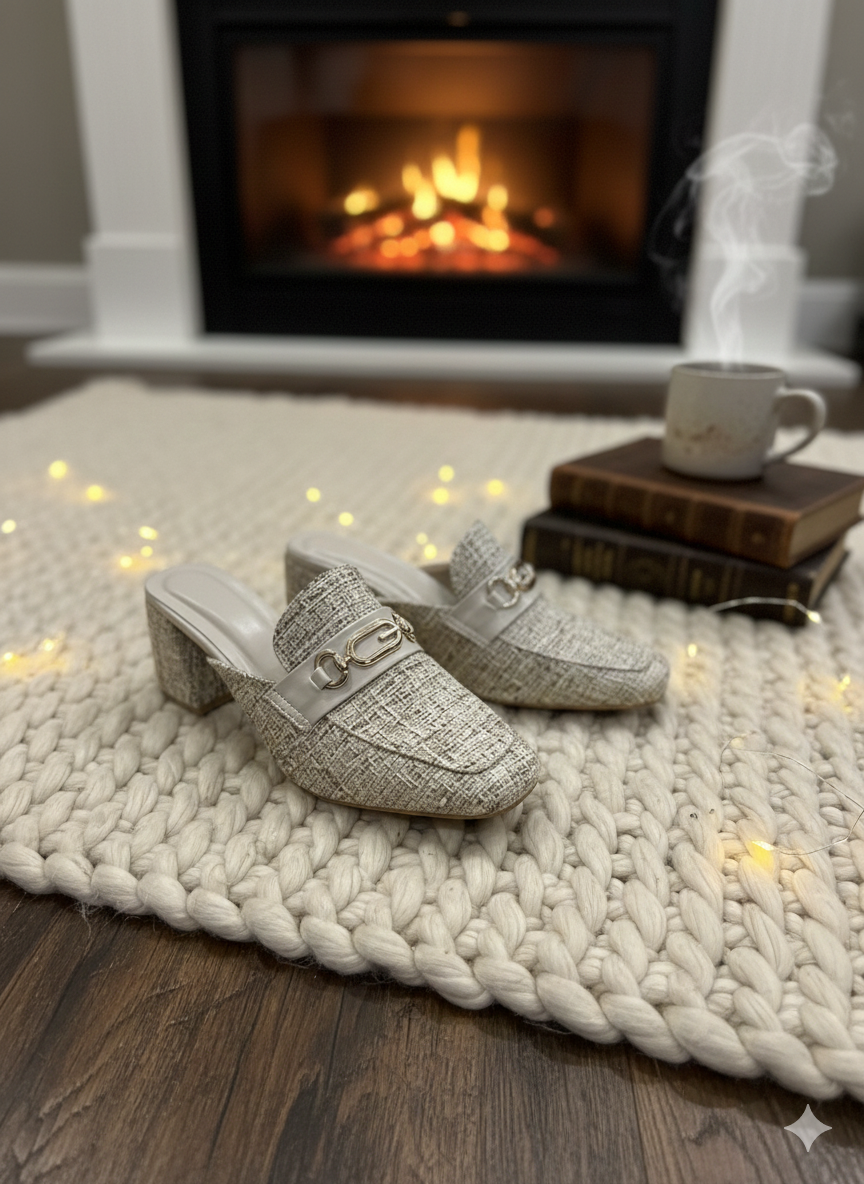 Ivory Tweed Chain-Detail Mules