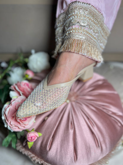 Mesh Embellished Block Heels - Beige