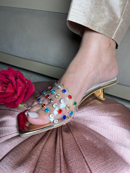Multicolor Crystal Embellished Transparent Kitten Heel