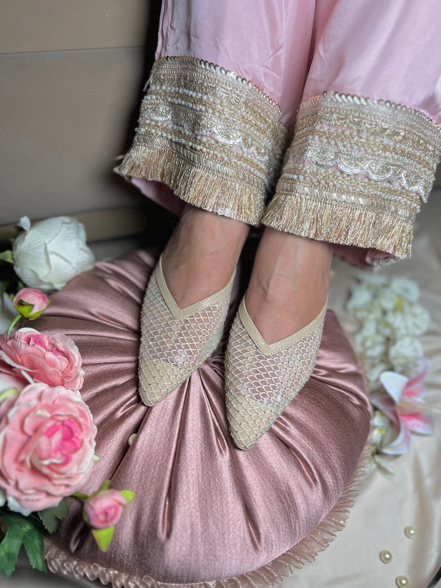 Mesh Embellished Block Heels - Beige