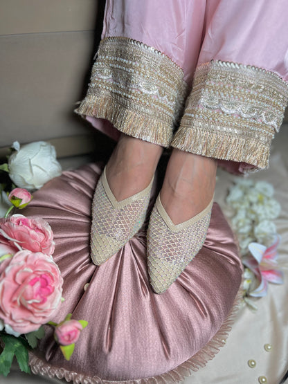 Mesh Embellished Block Heels - Beige