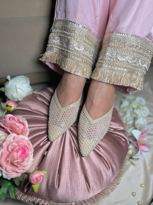 Mesh Embellished Block Heels - Beige