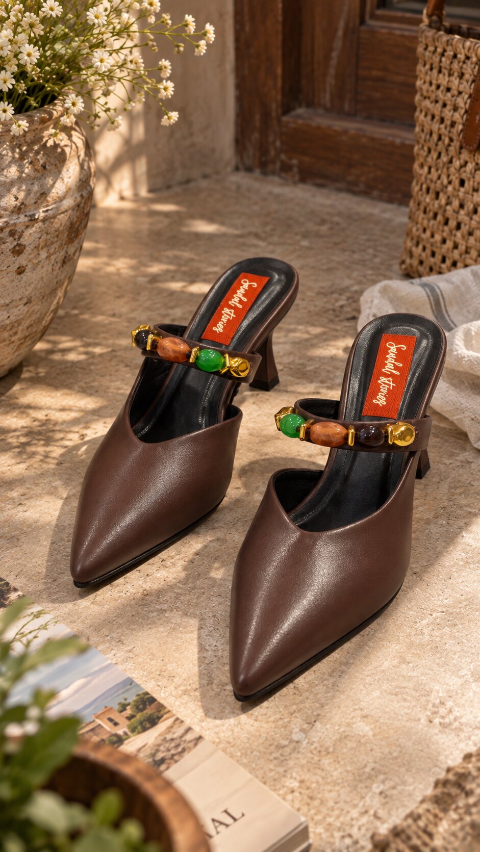 Chocolate Gemstone Strap Pointed Mules | 2 Inch Heels