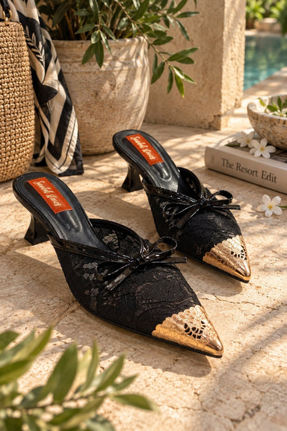 Lace Bow Pointed Mules - BLACK | Kitten Heels