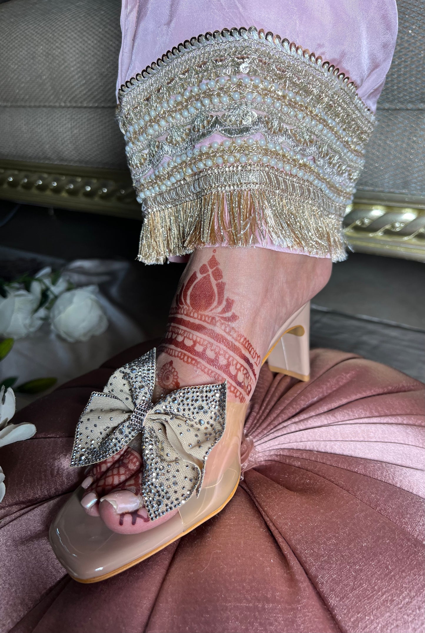 Beige Bow Embellished Block Heels