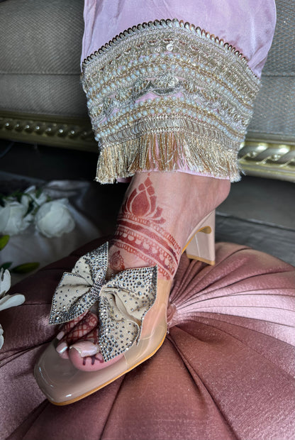 Beige Bow Embellished Block Heels