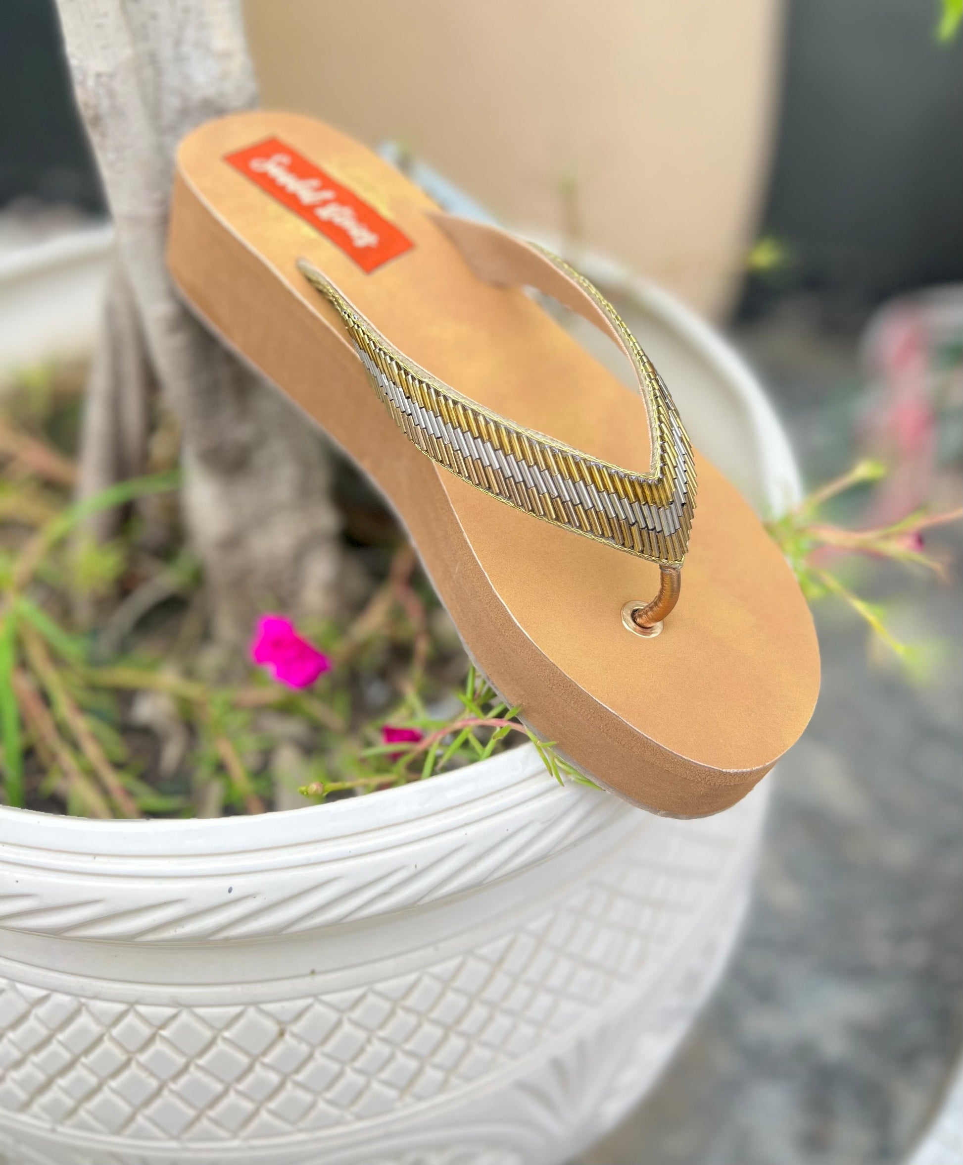 Metallic V Shape Comfort Wedges Sandal Stories