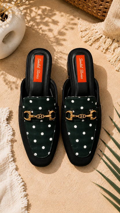 Midnight Polka Dot Buckle Block Heel Mules