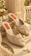Pearl Lace Embellished Mules - Beige | 2 Inch Block Heels