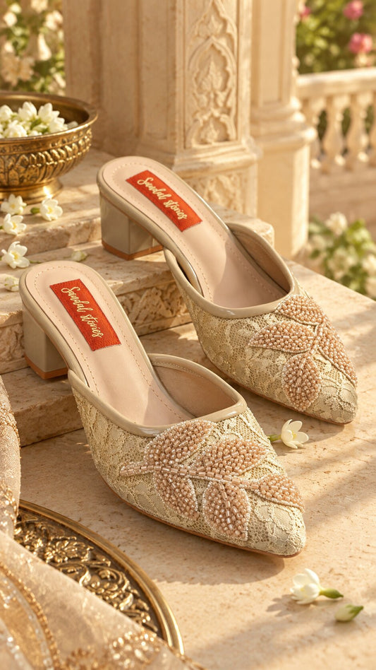 Pearl Lace Embellished Mules - Beige | 2 Inch Block Heels
