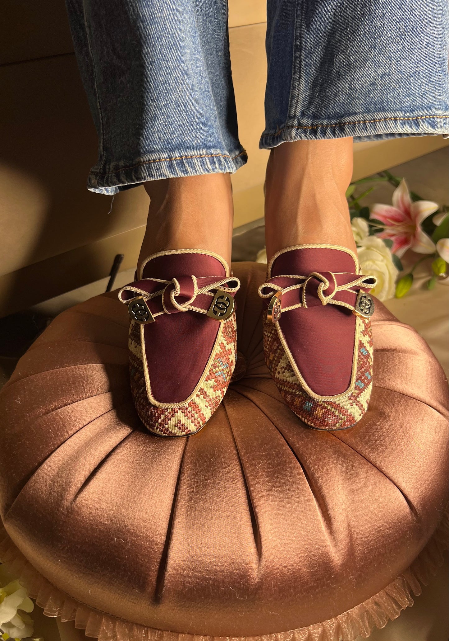 Maroon Patterned Weave Mules