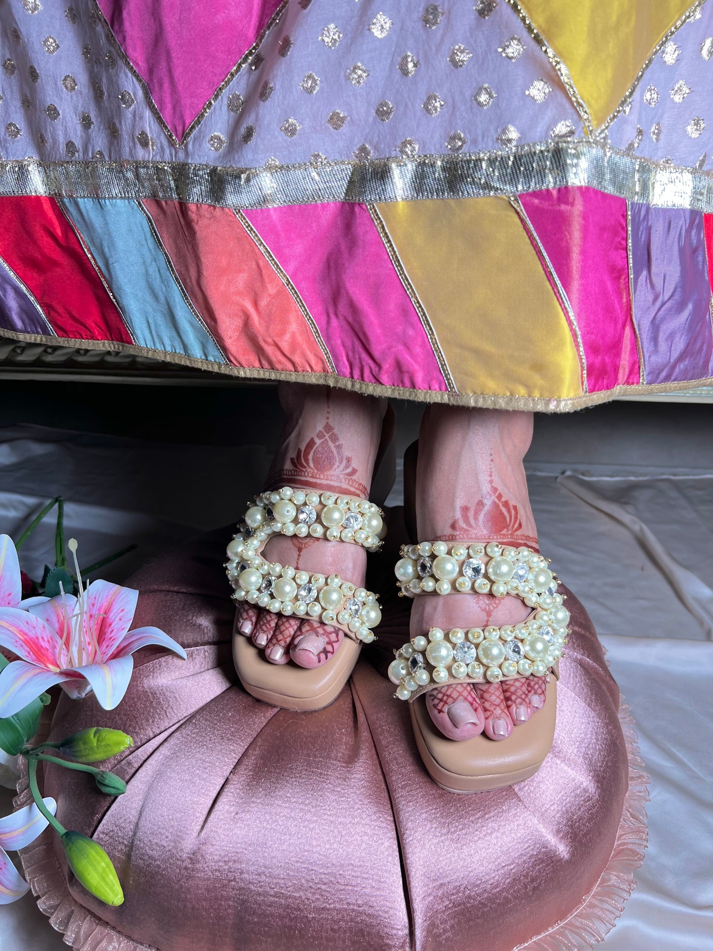 Pearl & Crystal C Shape Nude Wedges