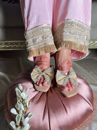 Beige Bow Embellished Block Heels
