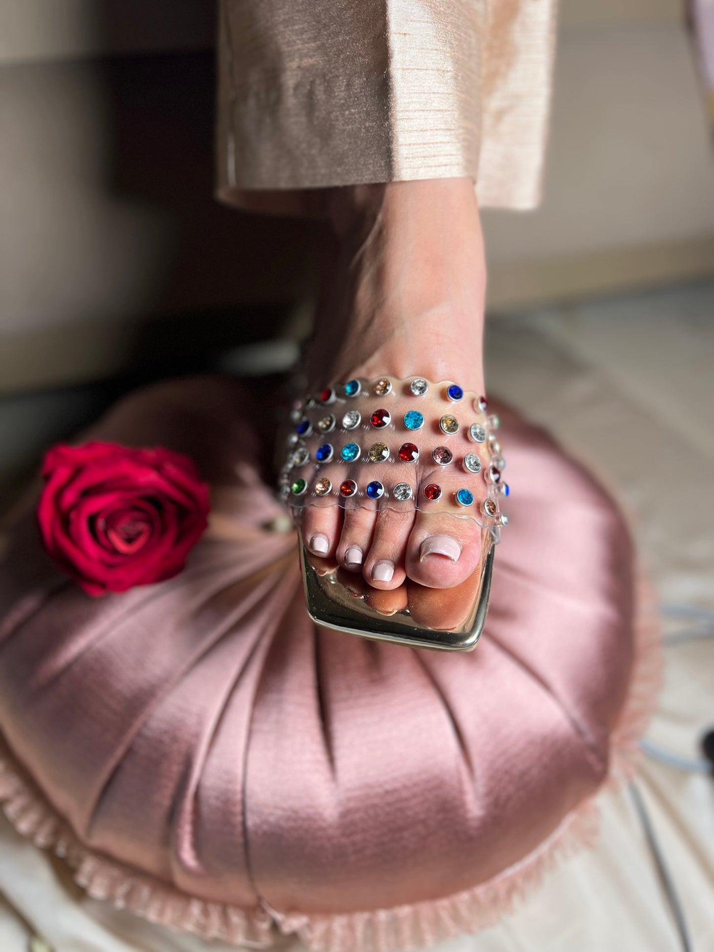 Multicolor Crystal Embellished Transparent Kitten Heel