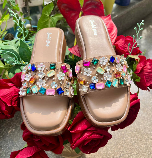 Multicolor Jewel-Embellished Nude Wedges