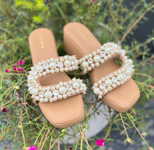 Pearl & Crystal C Shape Nude Wedges Sandal Stories
