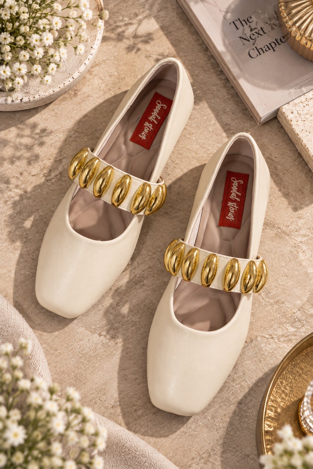 Mary Jane Statement Buckle Ballerinas - Ivory Cream