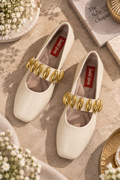 Mary Jane Statement Buckle Ballerinas - Ivory Cream