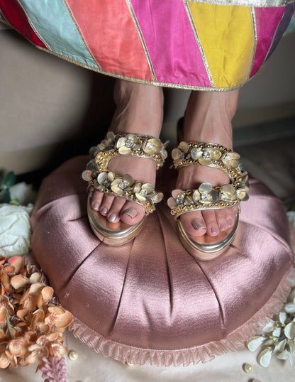Golden 3D Flower Embellished Wedges