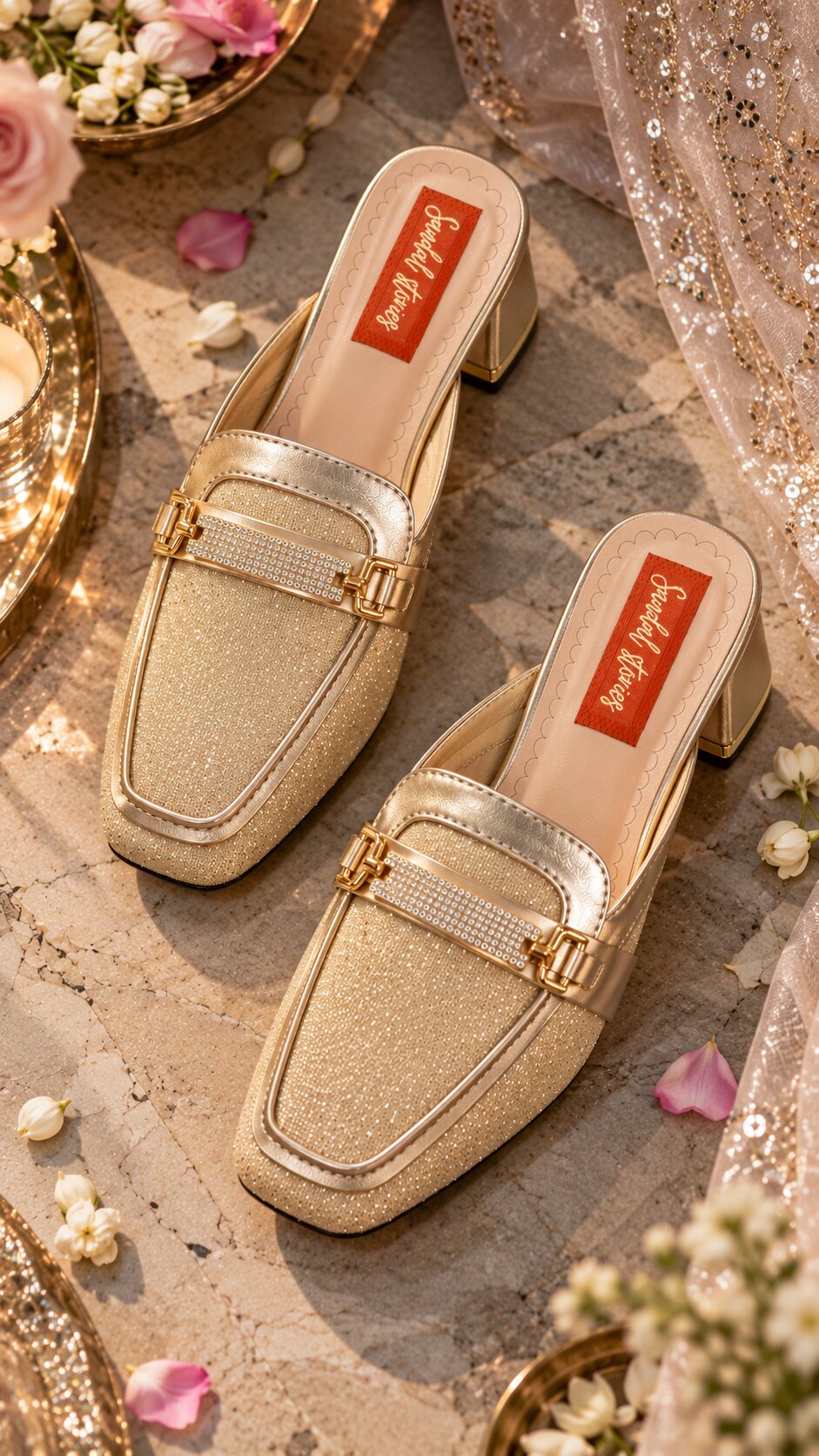 Golden Crystal Buckle Mules with Heels | 2 Inch