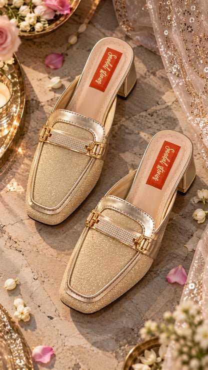 Golden Crystal Buckle Mules with Heels | 2 Inch