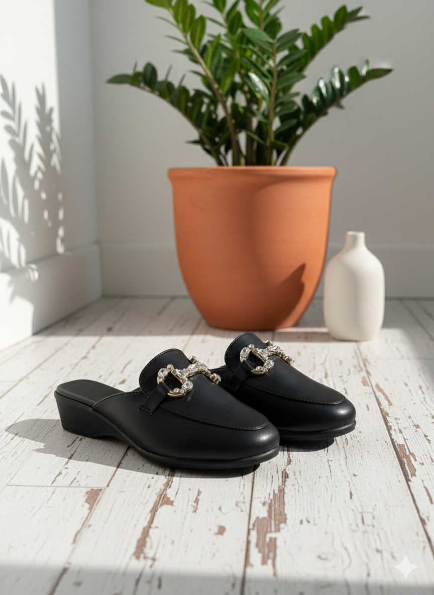 Crystal-Buckle Comfort Mules – Classic Black