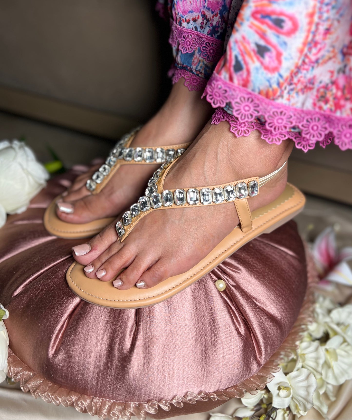 Crystal Glow V-Shape Flats with Back Elastic