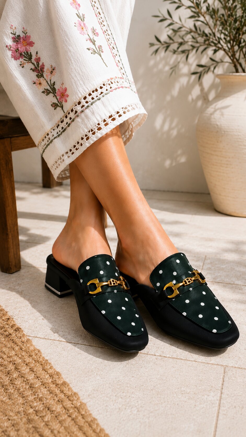 Midnight Polka Dot Buckle Block Heel Mules