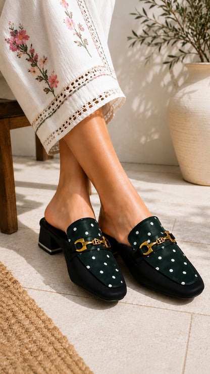 Midnight Polka Dot Buckle Block Heel Mules