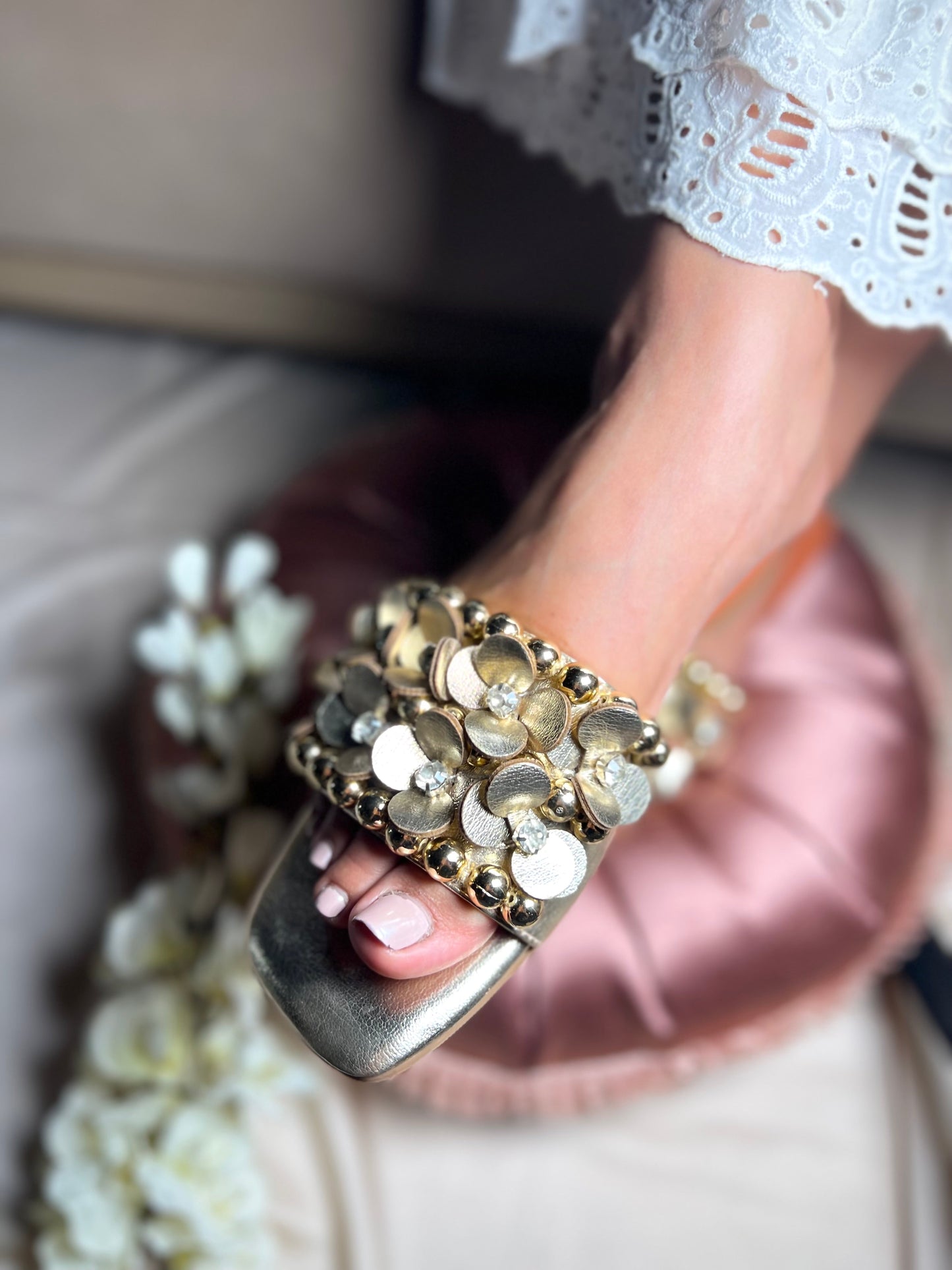 Golden 3D Flower Embellished Flats Sandal Stories