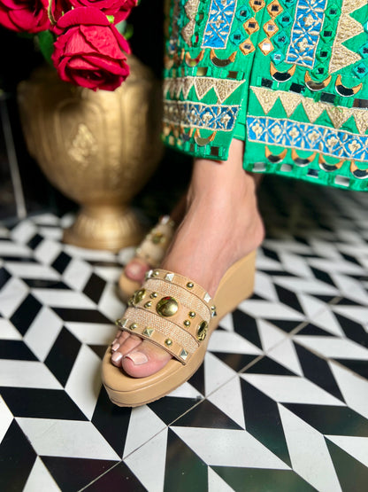 Beige Studded Platform Wedges