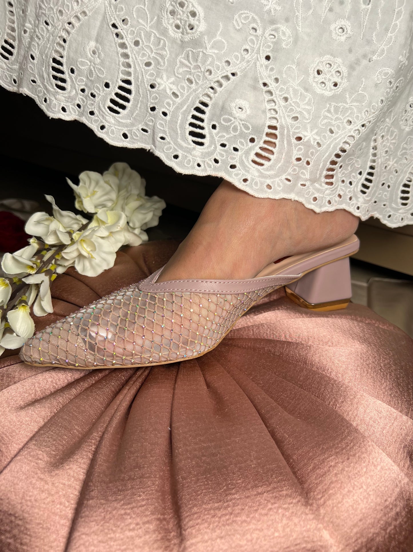 Blush Mesh Charm Block Heels