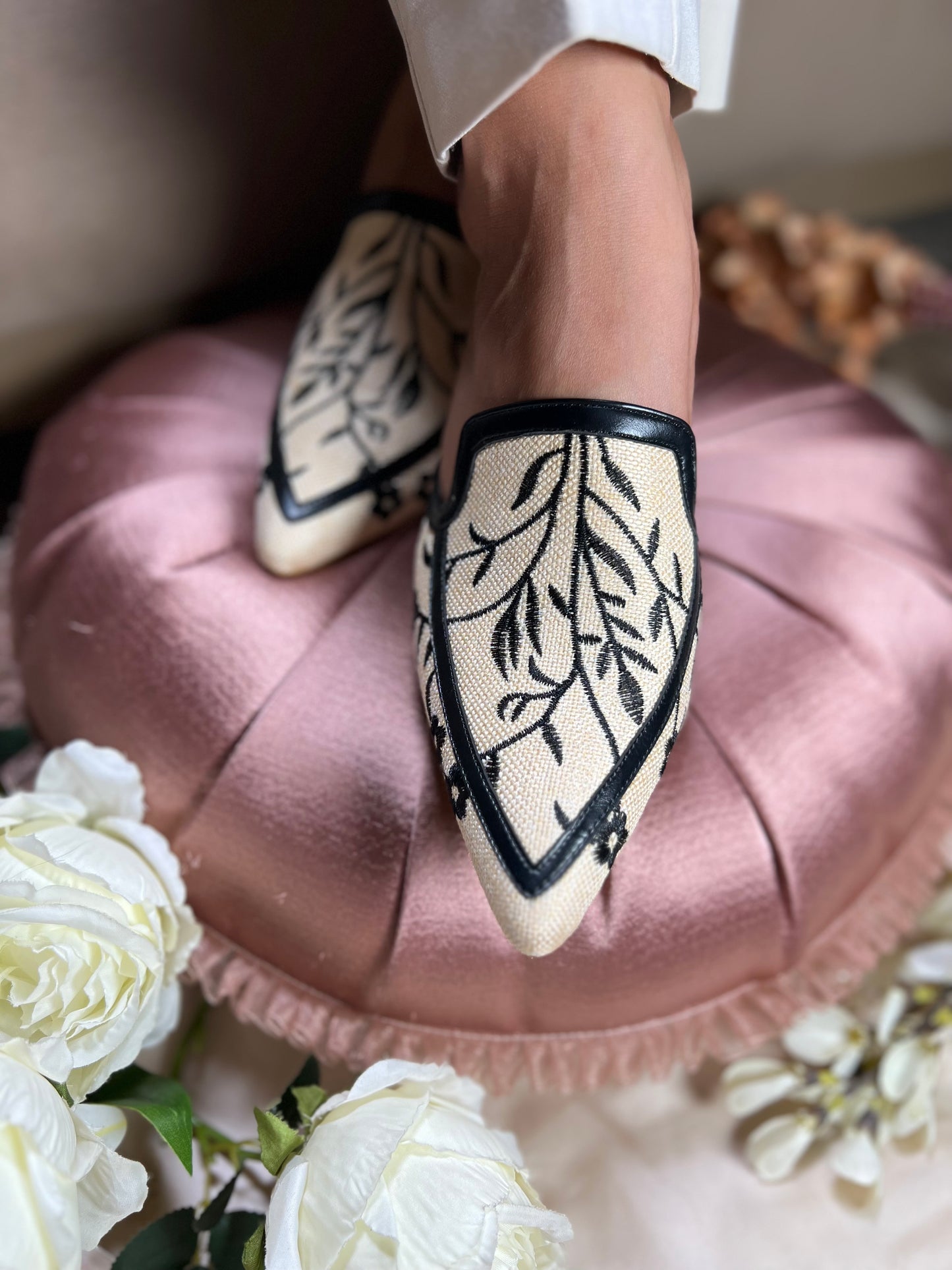Ivory Noir Embroidered Block-Heel Mules