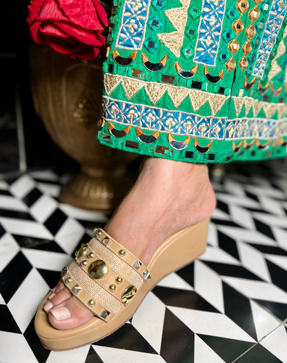 Beige Studded Platform Wedges