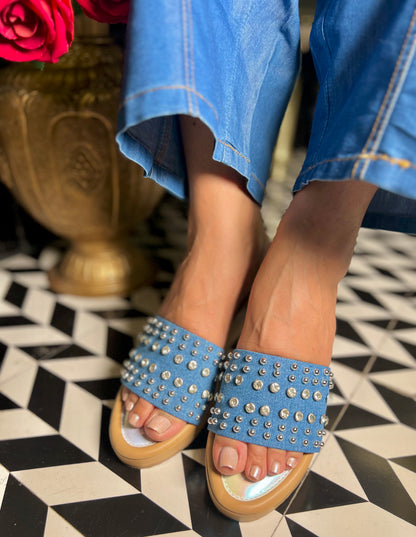 Blue Studded Denim Embellished Wedges