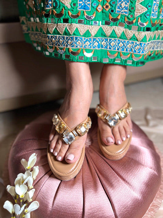 Golden Crystal V Shape Wedge Sandals