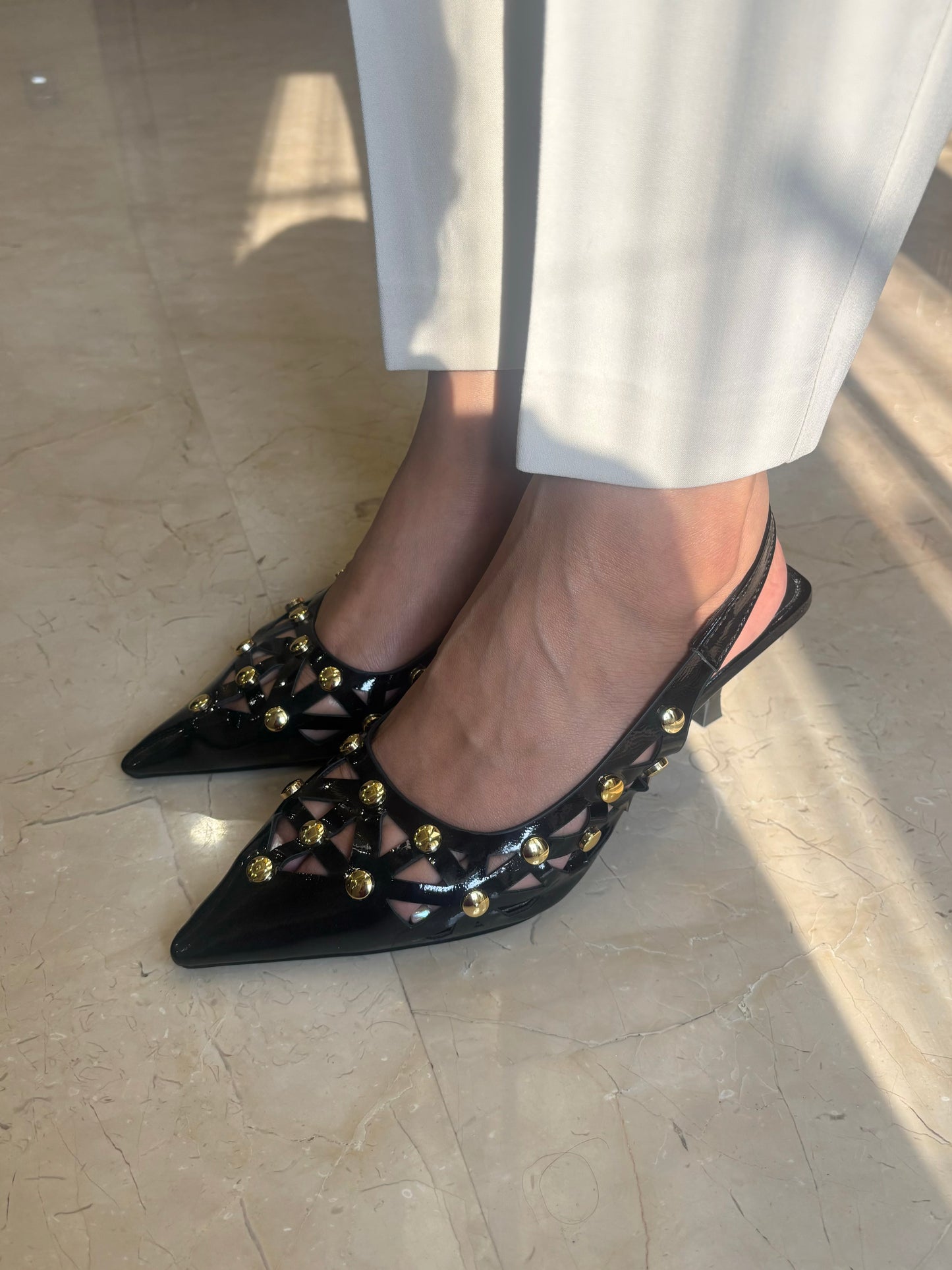 Black Patent Studded Cutwork Flats