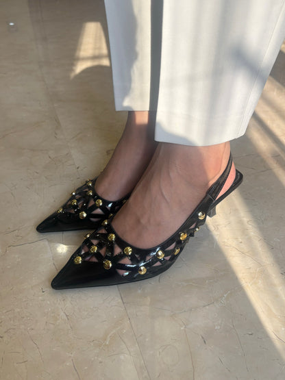 Black Patent Studded Cutwork Flats