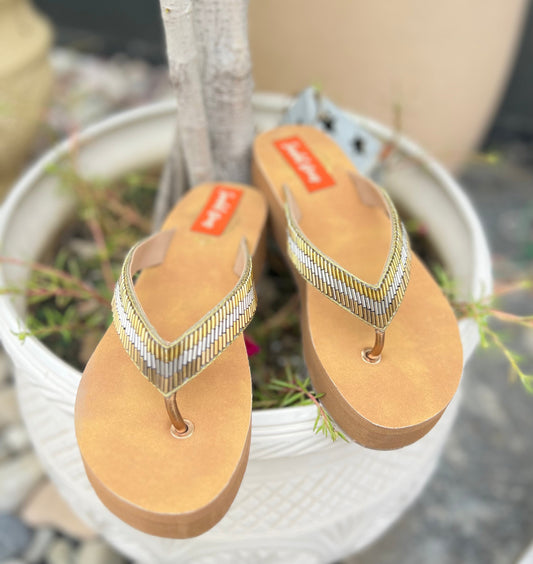 Metallic V Shape Comfort Wedges Sandal Stories