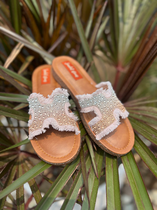 Pink Denim Crystal Glam Slides