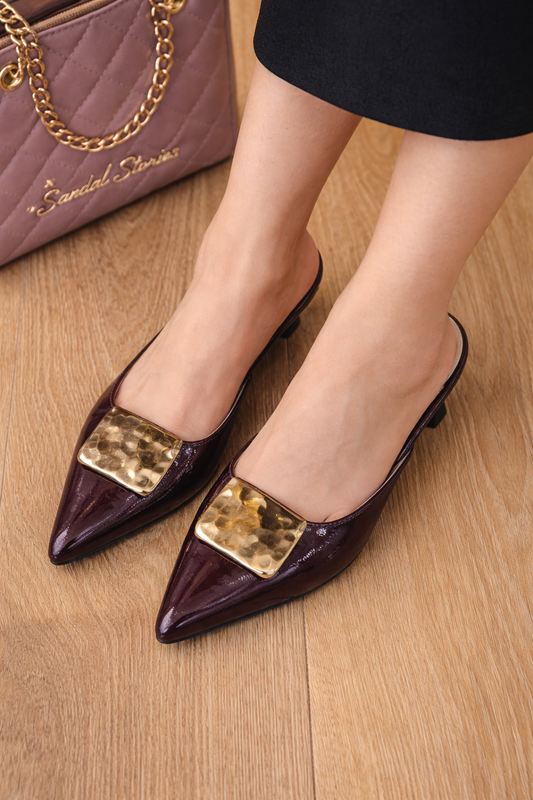 Statement Buckle Kitten Heels – Wine