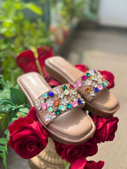 Multicolor Jewel-Embellished Nude Wedges