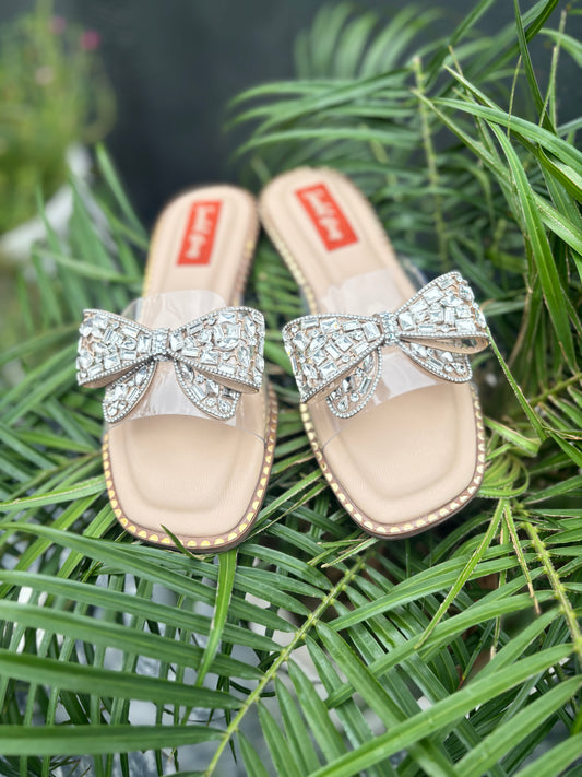 Crystal Bow Embellished Nude Flats