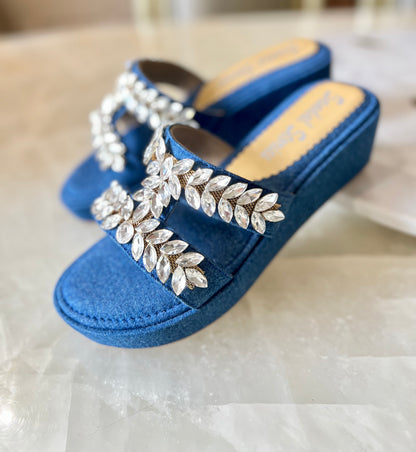 Denim Embellished Comfort Wedges