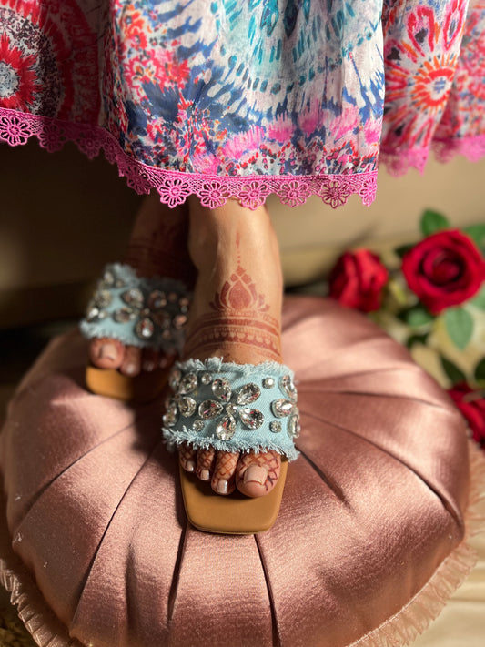 Crystal Luxe Denim Block Heel