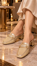 Golden Crystal Buckle Mules with Heels | 2 Inch
