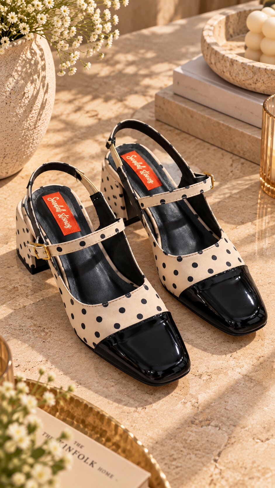 Polka Muse Patent Block Heels - Beige Black